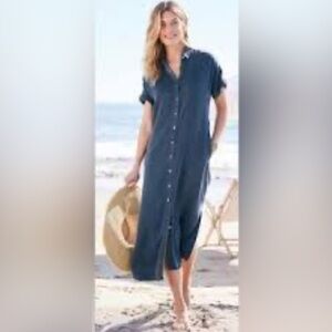 Soft Surroundings Je Veux Button Up Midi Shirt Dress Blue Size XL Petite New